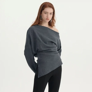 Minimalist dark grey off-shoulder knitted long sleeve top for women slim fit autumn style