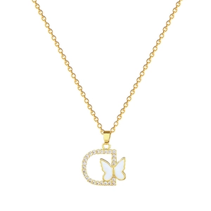 Luxury gold titanium steel D-letter necklace with butterfly shell and zircon inlay