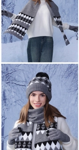 Winter-Strickset in Grau mit Mütze, Schal und Handschuhen und geometrischem Musterdesign