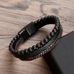 Three-layer braided leather and obsidian bead bracelet with black magnetic clasp