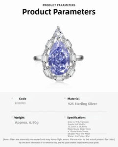 Detailed product specifications for S925 sterling silver pear cut purple zircon ring