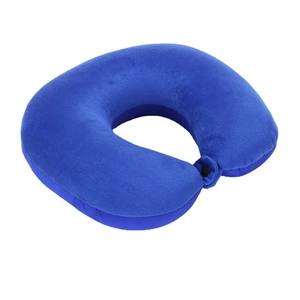 Blue short plush U-shaped travel neck pillow with snap button for office nap and outdoor use