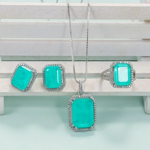 Green Gemstone Emerald Cut Copper Necklace Stud Earrings And Ring Cubic Zirconia Halo Women Fashion Elegant Accessory