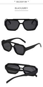 Vertical display showing front and side views of black irregular double bridge sunglasses