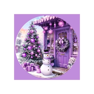 Detailed round wooden sign featuring a snowman and purple Christmas tree decor