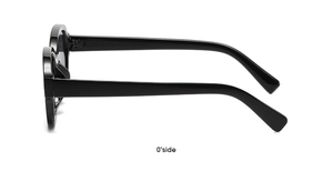 Side view of trendy black oval frame sunglasses showing glossy plastic temple detail
