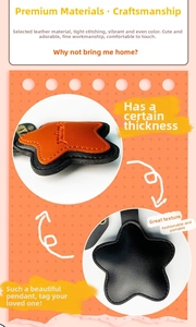 Detailed view of star-shaped leather keychain with orange contrast stitching and embossed logo