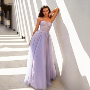 Lavender strapless tulle evening gown with corset bodice and layered A-line skirt