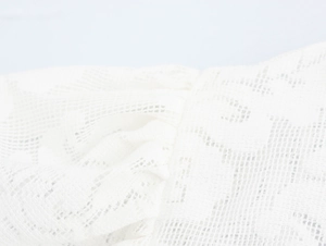 Detailed macro view of white floral lace fabric with intricate crochet patterns and mesh texture