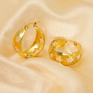 Chic 18K gold plated wide hoop earrings with star cutout patterns on champagne silk fabric
