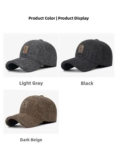 Mens winter baseball caps in grey, black, and beige with tweed texture and leather logo