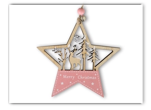 Décoration de Noël étoile en bois avec motif renne rose et petite clochette