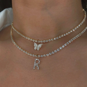 Minimalist Brass Zirconia Letter Pendant Necklace For Women Luxury Electroplated Gold Silver Pave Alphabet Choker Jewelry