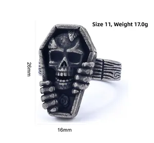Gothic coffin ring details featuring skull carving, size 11, weight 17g, 26mm by 16mm