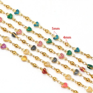 18K gold plated stainless steel bead chain with 5mm colorful enamel heart charms