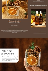 Detailed aromatic set with glass jar, cinnamon sticks, pine cones, and amber oil bottles