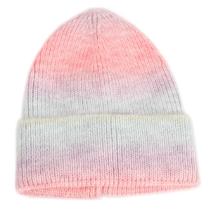 Close-up of soft ribbed texture and pink gradient tie-dye knit on a winter beanie
