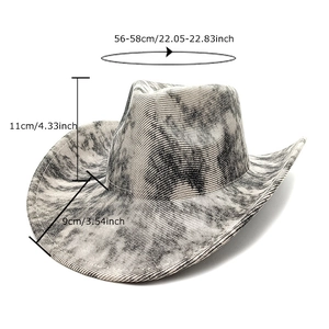 Western cowboy hat with retro marble texture and wide brim, sizing measurements included