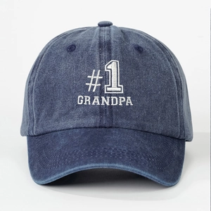 Navy blue washed cotton baseball cap with #1 GRANDPA white embroidery on front