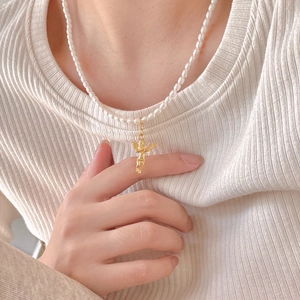 Elegant 925 sterling silver angel pendant necklace with round white pearls for women