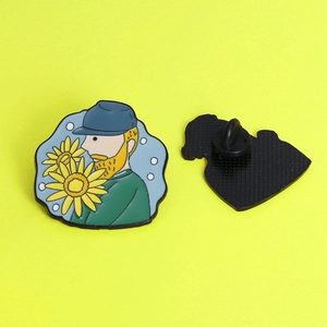 Detailed front and back view of Van Gogh enamel pin with sunflowers and rubber clutch