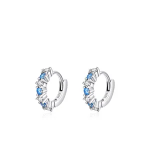 S925 sterling silver hoop earrings with blue and white zircon stones on white background