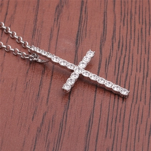 Silver stainless steel hip hop cross pendant necklace with sparkling clear rhinestones
