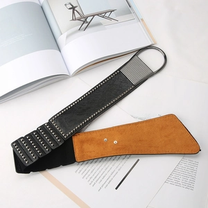 Women's wide elastic punk waist belt with double-row metal rivets and a D-ring buckle
