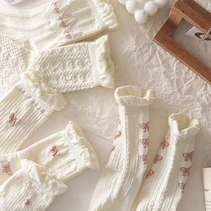 White Lolita JK socks with lace ruffle cuff and pink bow embroidery for girls