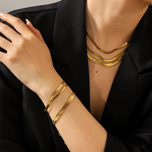 18k gold plated stainless steel flat snake chain necklace and bracelet set for women