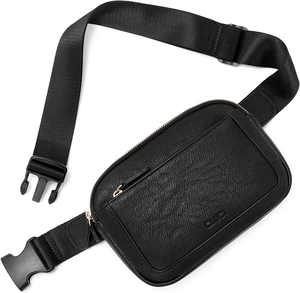 Close-up of black faux leather waist bag with lychee texture and adjustable buckle strap