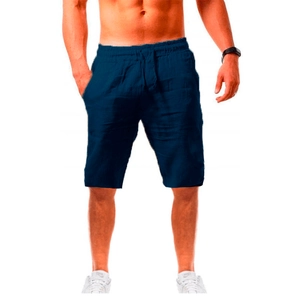 Men's navy cotton linen hip-hop shorts with drawstring waist and breathable texture