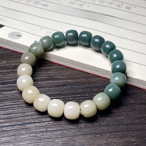 Close-up of dual-tone Bodhi seed prayer beads on vintage calligraphy paper background