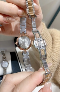 Detail of a ladies' quartz watch stainless steel back case and bicolor metal strap