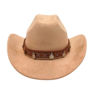 Classic light brown Western cowboy hat with ethnic braided band and vintage coin charms