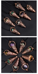 Macro shot of various raw crystal ice cream cone pendants with vintage bronze finish