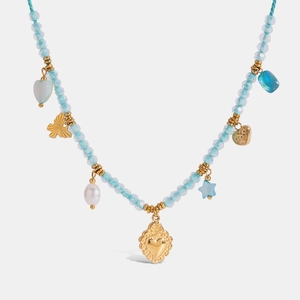 Beaded Pendant Necklace 18K Gold Plated Stainless Steel Blue Beads Heart Butterfly Star Charms Bohemian Beach Jewelry Women