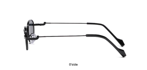 Detailed side view of round black sunglasses frame with slim metal temples