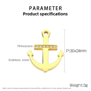 Detailed parameter view of a 30x24mm gold stainless steel anchor pendant with rhinestones