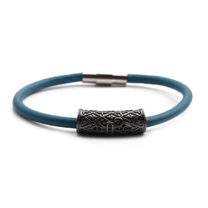 Braided sky blue leather bracelet with vintage silver cross engraved magnetic clasp