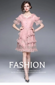 Detail of pink lace dress showing ruffled hemline and intricate embroidery textures