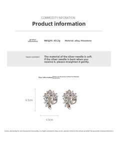Detailed view of rhinestone floral earrings showing 6.5cm length and 40.2g weight specs