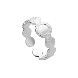 Detail showing silver geometric cutout stainless steel ring with relief textured circles