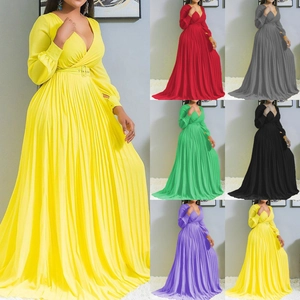Plus size long sleeve deep V-neck pleated maxi dress with belt in various colors