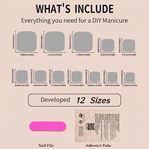 Pink press-on toe nails set in 12 sizes with glue stickers and nail file accessories