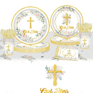 God Bless party tableware set with floral cross design for religious celebrations