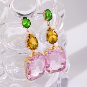 Colorful geometric drop earrings with green yellow and pink stones in gold setting