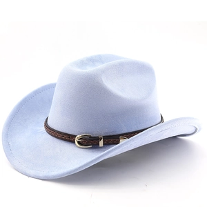 Close-up of light blue suede fedora featuring a brown braided band and metal buckle detail