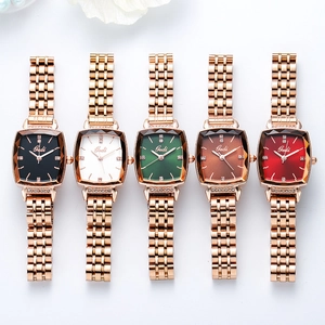 Rose gold square women's watch with rhinestone bezel and five colored dial options