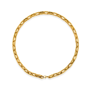 Detail of gold rectangular link chain necklace with secure lobster clasp on white background